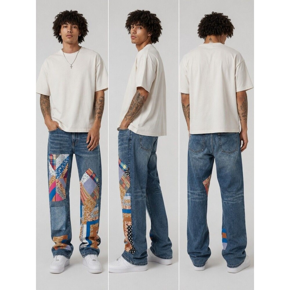 MNML V299 Baggy Patchwork Denim Jeans Size 31 Blue Quilt Y2K Boho